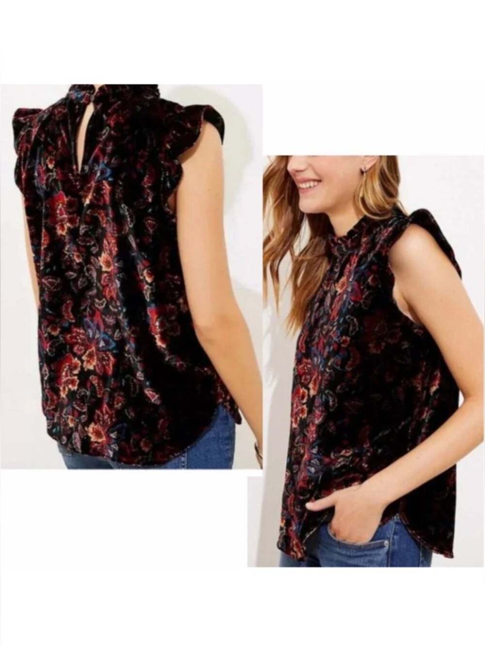 LOFT Sleeveless Ruffle Neck Floral Velvet Top - Black Multi, Medium, EUC
